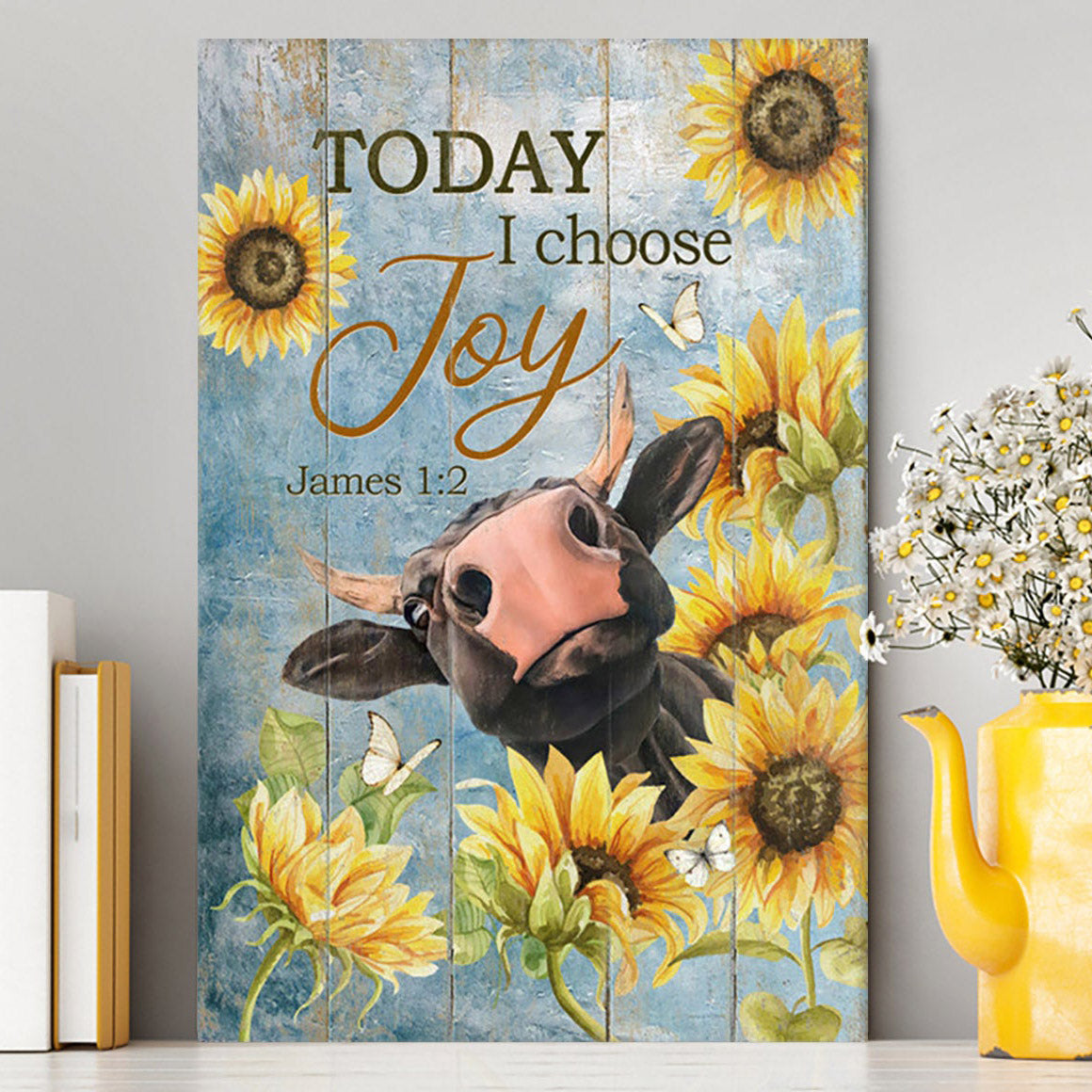 Cow Sunflower Frame Blue Sky - Today I Choose Joy Canvas Wall Art - Christian Canvas Prints - Bible Verse Canvas Art