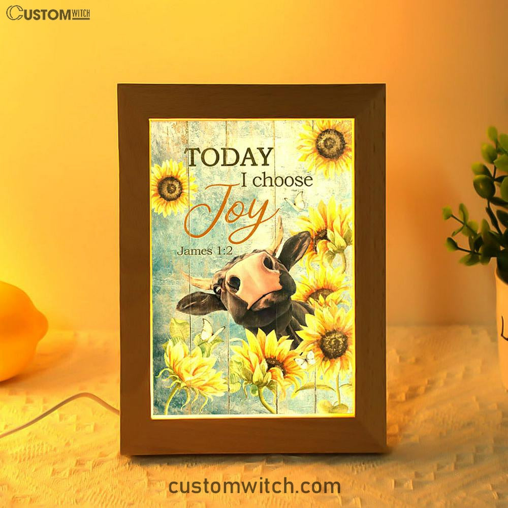 Cow Sunflower Frame Blue Sky - Today I Choose Joy Frame Lamp Art - Christian Night Light - Bible Verse Wooden Lamp