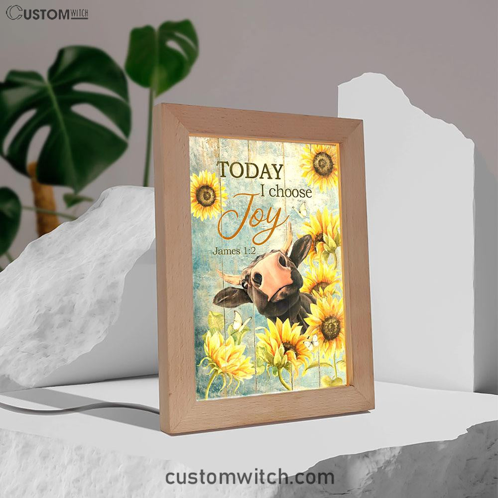 Cow Sunflower Frame Blue Sky - Today I Choose Joy Frame Lamp Art - Christian Night Light - Bible Verse Wooden Lamp
