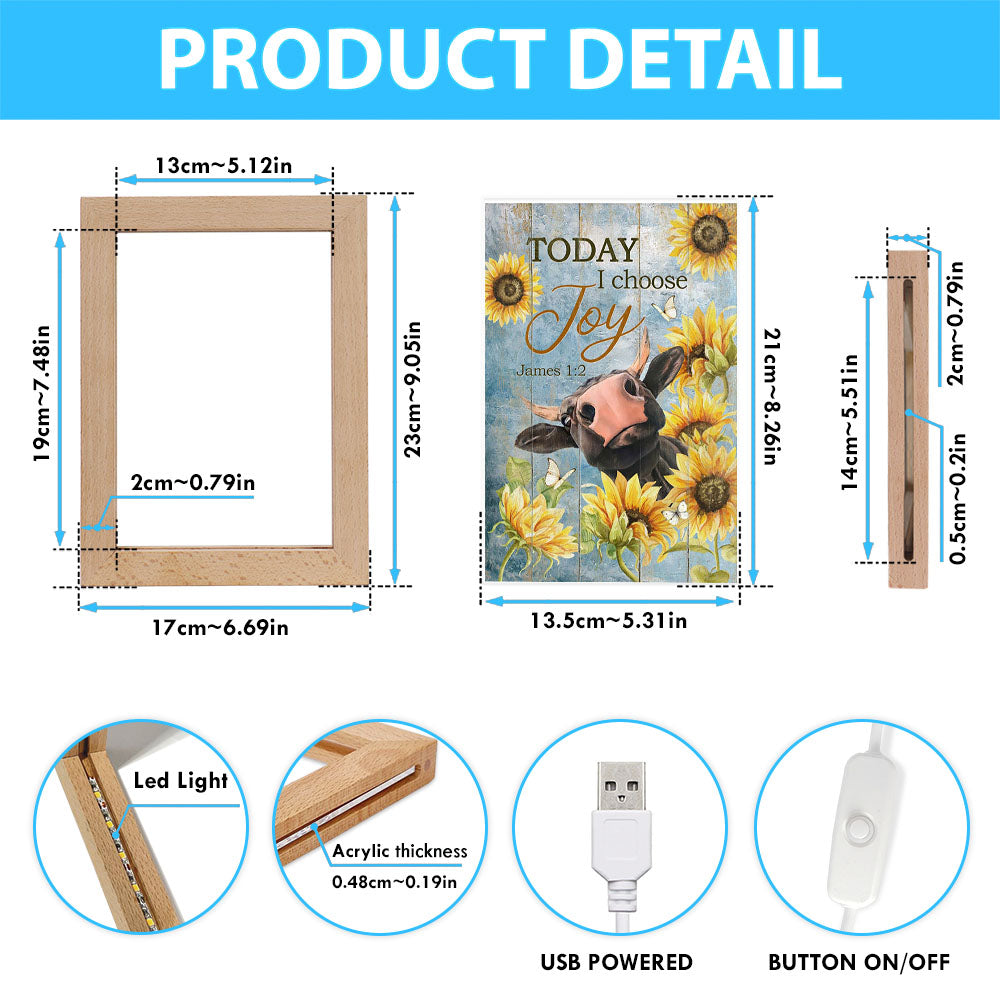 Cow Sunflower Frame Blue Sky - Today I Choose Joy Frame Lamp Art - Christian Night Light - Bible Verse Wooden Lamp