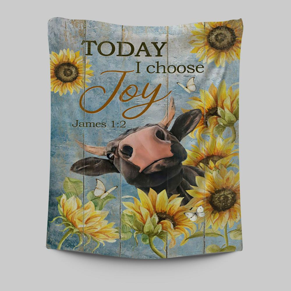 Cow Sunflower Frame Blue Sky - Today I Choose Joy Tapestry Wall Art - Christian Tapestries Prints - Bible Verse Tapestry Art