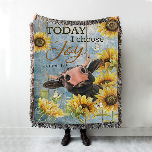 Cow Sunflower Frame Blue Sky - Today I Choose Joy Woven Throw Blanket - Christian Woven Blanket Prints - Bible Verse Woven Blanket Art