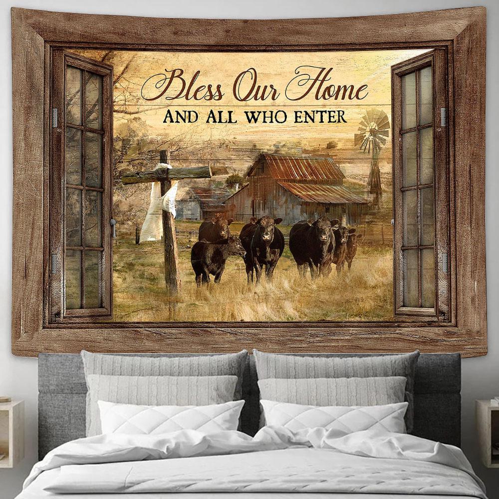 Cow Tranquil Farm Wooden Cross Bless On Home Who Are Enter Tapestry Wall Art - Bible Verse Tapestry - Religious Tapestry Wall Hanging