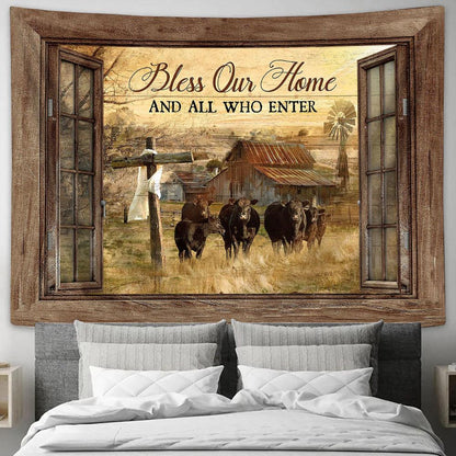 Cow Tranquil Farm Wooden Cross Bless On Home Who Are Enter Tapestry Wall Art - Bible Verse Tapestry - Religious Tapestry Wall Hanging