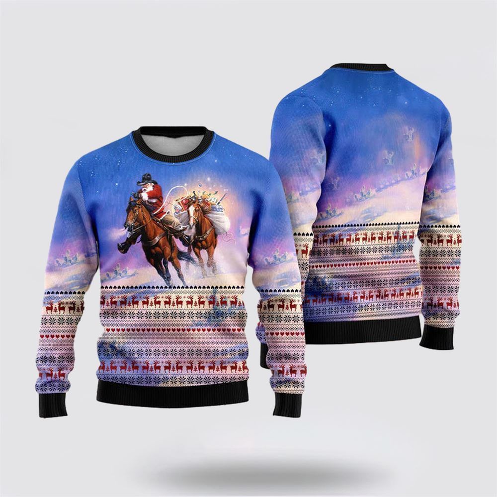 Cowboy Santa Claus Ugly Christmas Sweater, Best Gift For Holiday, Christmas Crewneck Sweater, Christmas Winter Fashion