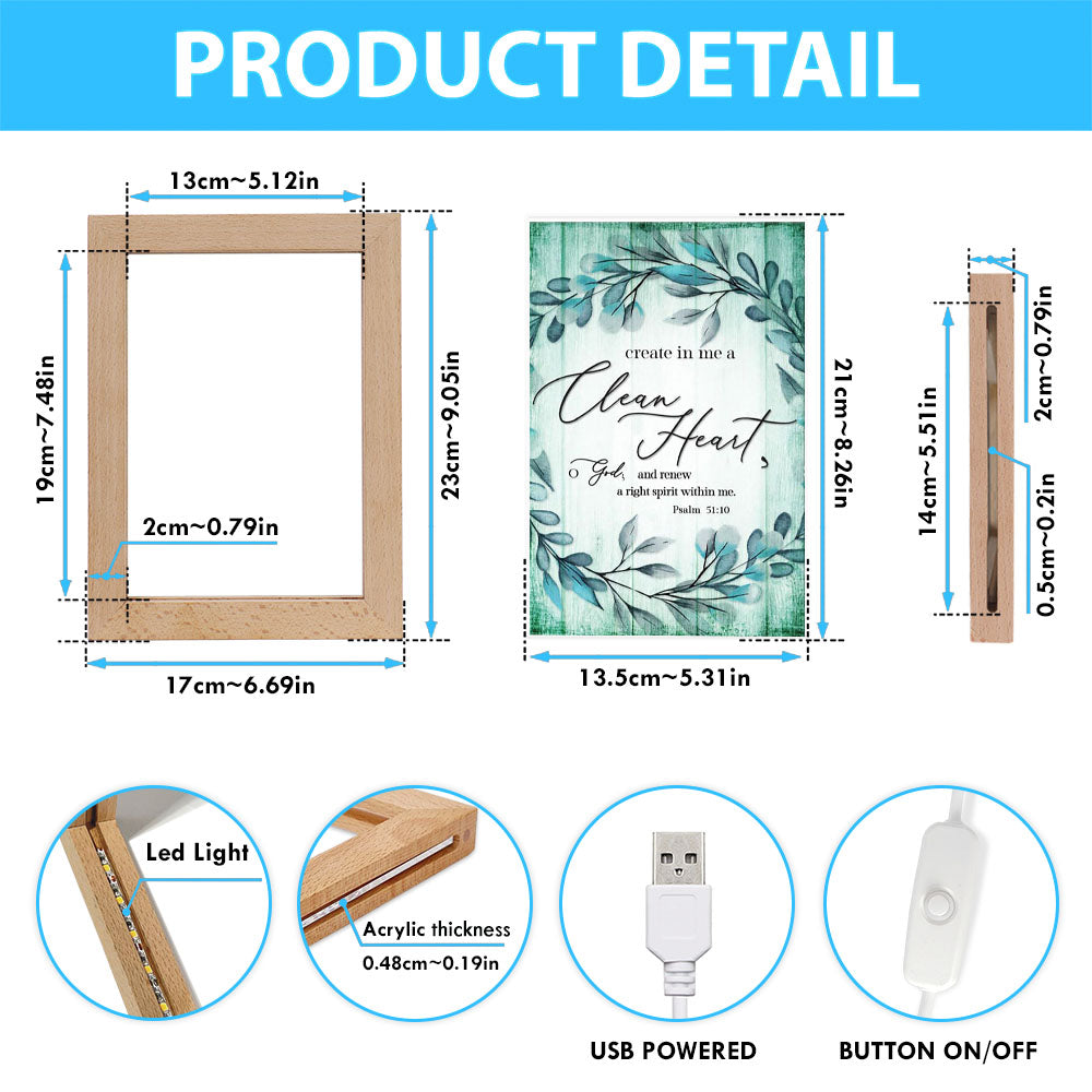Create In Me A Clean Heart Psalm 5110 Dandelion Frame Lamp Art - Christian Night Light - Religious Decor