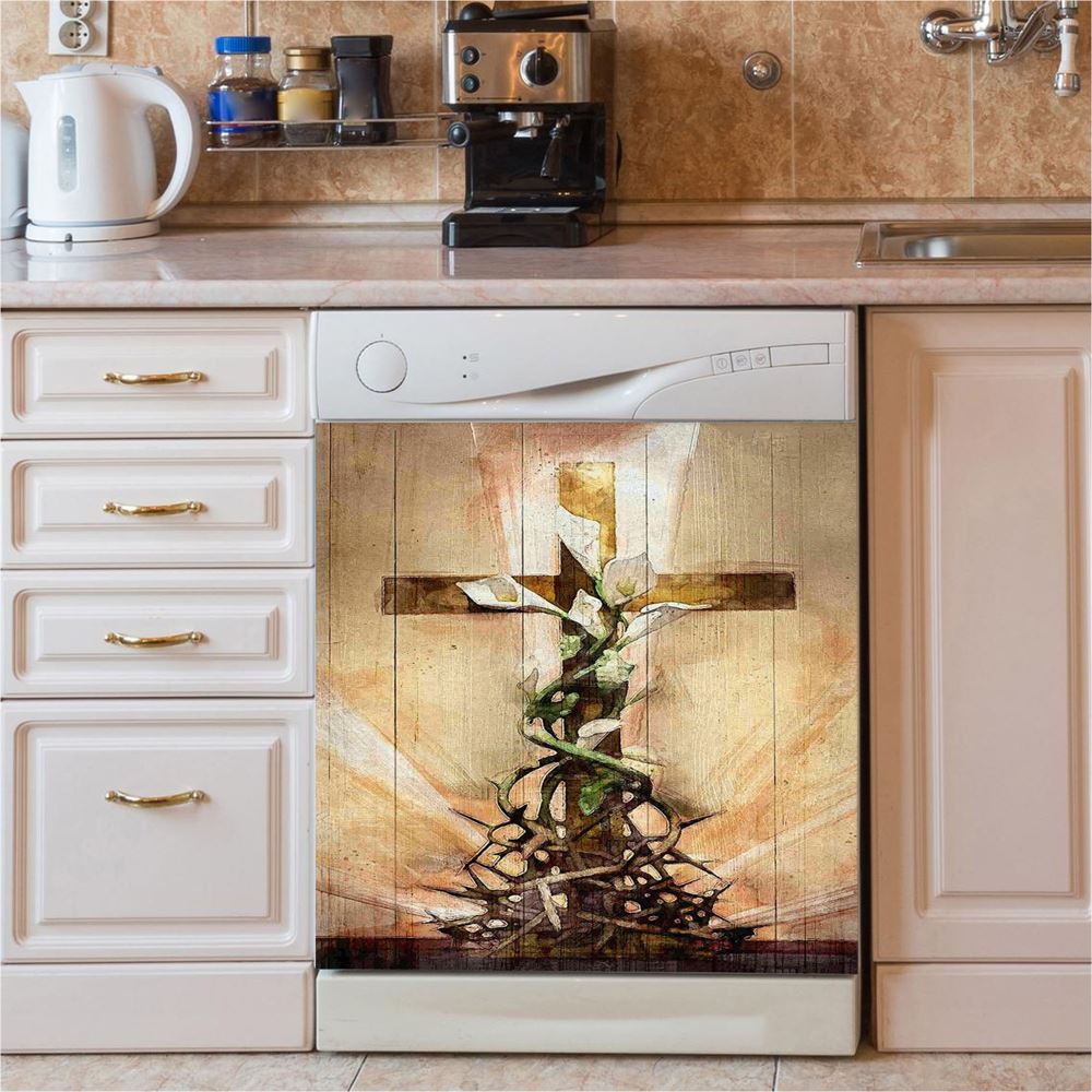 Cross And Lily Dishwasher Cover, Christian Dishwasher Magnet Cover, Religious Kitchen Decor