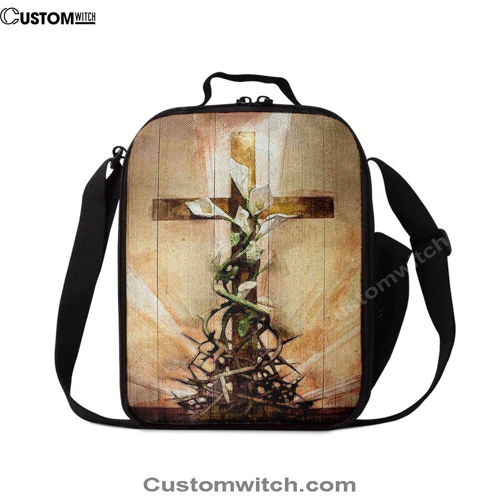 Cross And Lily Lunch Bag, Christian Lunch Bag For School, Picnic, Religious Lunch Bag