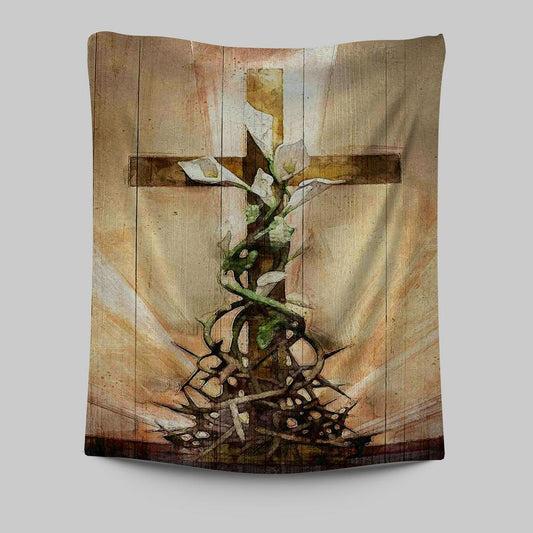 Cross And Lily Tapestry Wall Art - Christian Wall Tapestry - Religious Tapestries Wall Hanging Prints