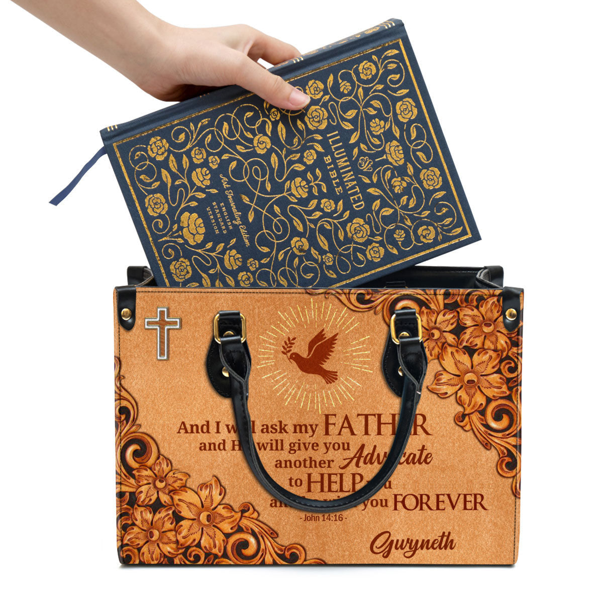 Cross And Pigeon And I Will Ask The Father John 1416 Personalized Zippered Leather Handbag With Handle Christian Gifts For Women