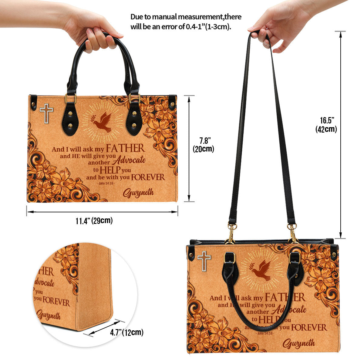 Cross And Pigeon And I Will Ask The Father John 1416 Personalized Zippered Leather Handbag With Handle Christian Gifts For Women