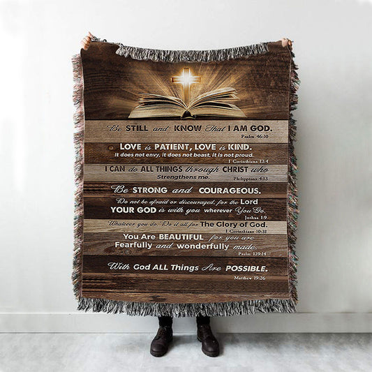 Cross Bible Verses - Be Still & Know That I Am God Woven Blanket Art - Bible Verse Throw Blanket - Christian Inspirational Boho Blanket