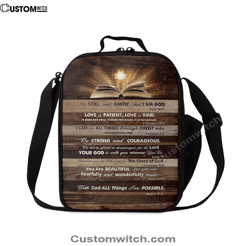 Cross Bible Verses Be Still & Know That I Am God Lunch Bag, Christian Lunch Bag For School, Picnic, Religious Lunch Bag
