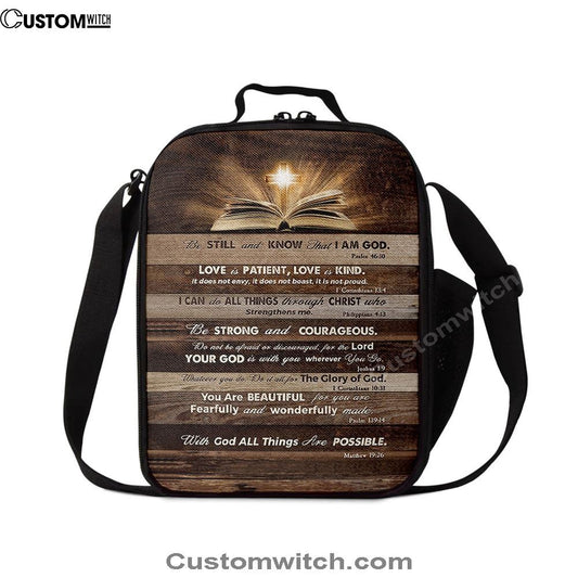 Cross Bible Verses Be Still & Know That I Am God Lunch Bag, Christian Lunch Bag For School, Picnic, Religious Lunch Bag