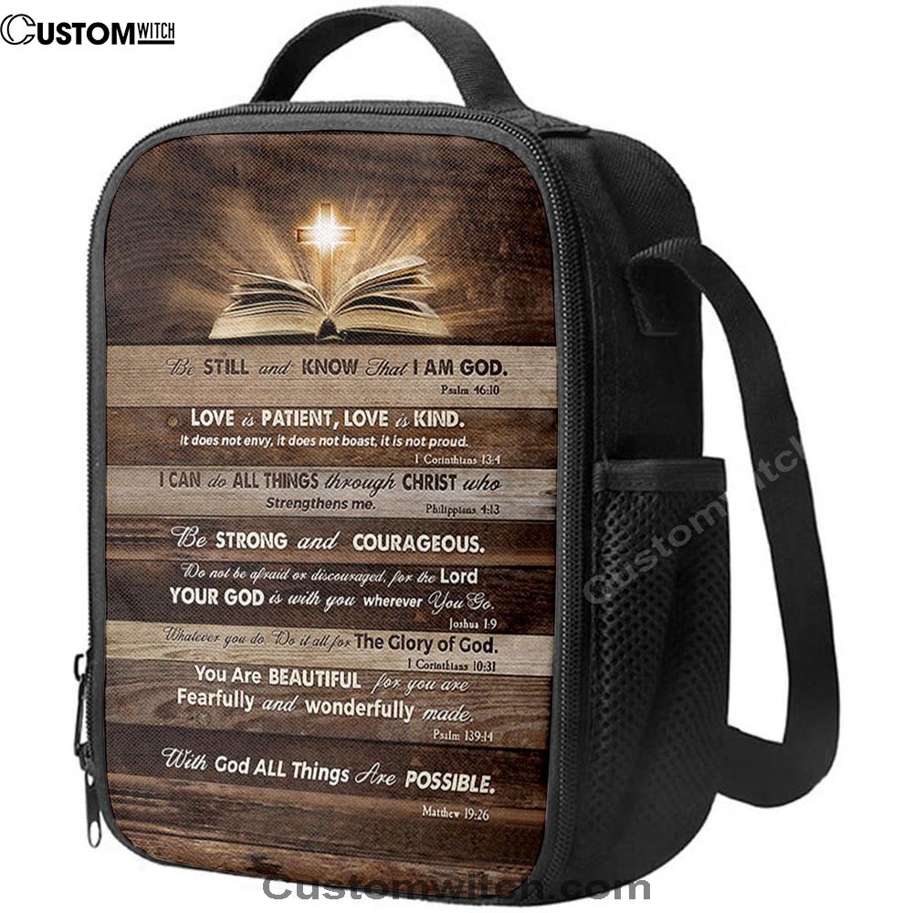 Cross Bible Verses Be Still & Know That I Am God Lunch Bag, Christian Lunch Bag For School, Picnic, Religious Lunch Bag
