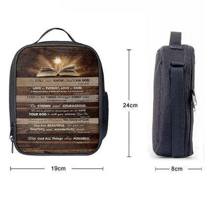 Cross Bible Verses Be Still & Know That I Am God Lunch Bag, Christian Lunch Bag For School, Picnic, Religious Lunch Bag