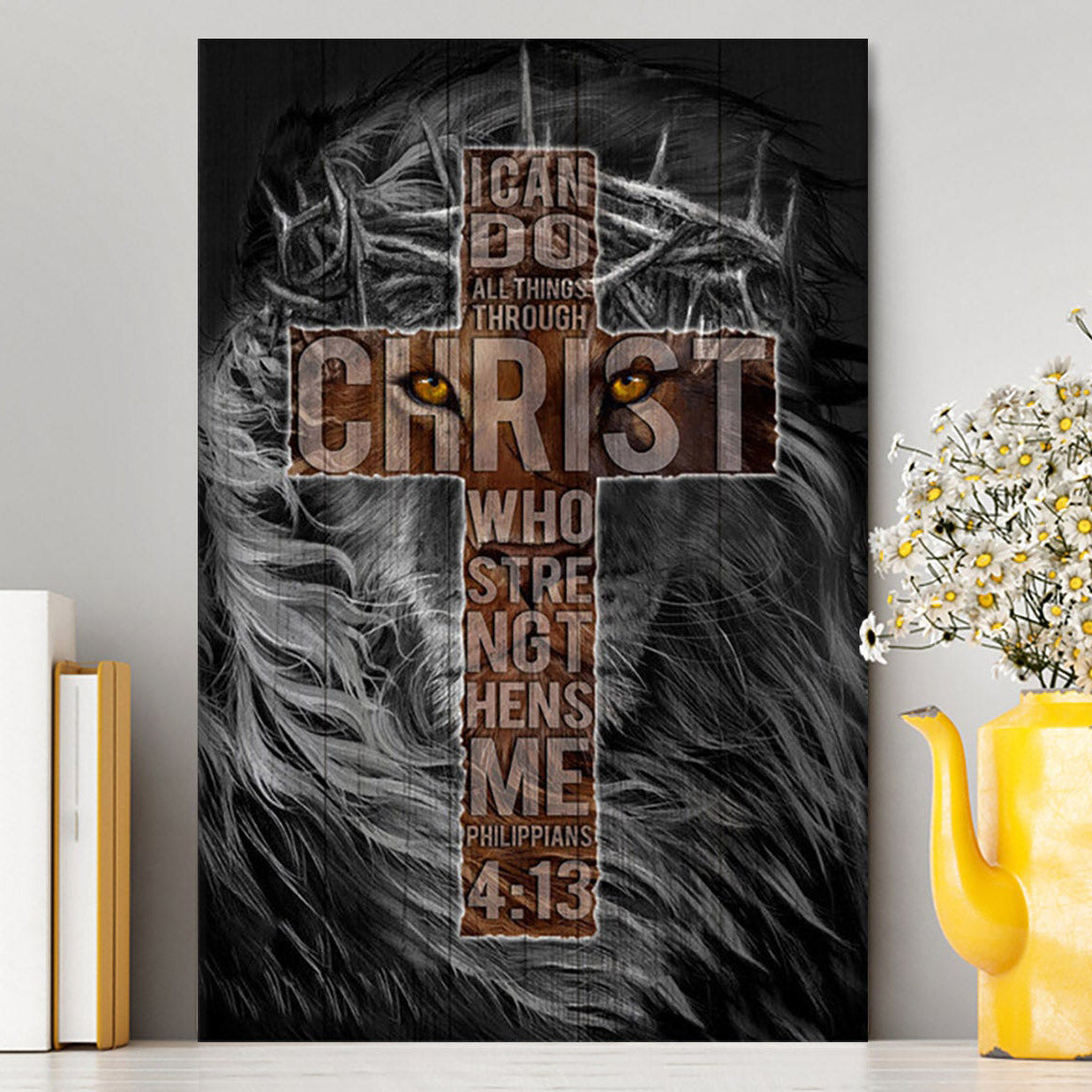 Cross Black Lion - I Can Do All Things Through Christ Canvas Wall Art - Christian Canvas Prints - Bible Verse Canvas Art