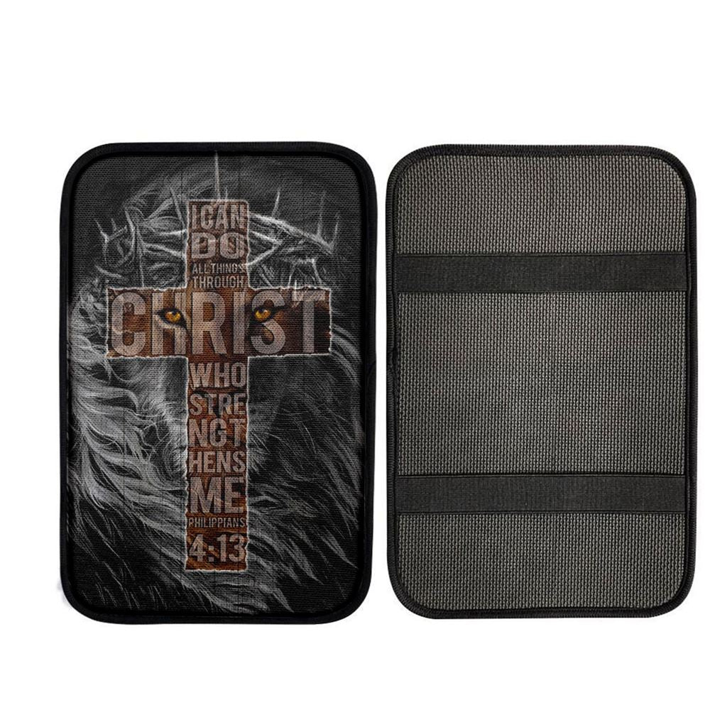 Cross Black Lion - I Can Do All Things Through Christ Car Center Console Cover, Christian Car Accessories