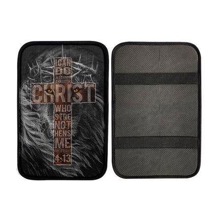 Cross Black Lion - I Can Do All Things Through Christ Car Center Console Cover, Christian Car Accessories