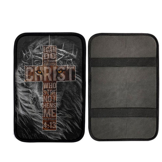 Cross Black Lion - I Can Do All Things Through Christ Car Center Console Cover, Christian Car Accessories