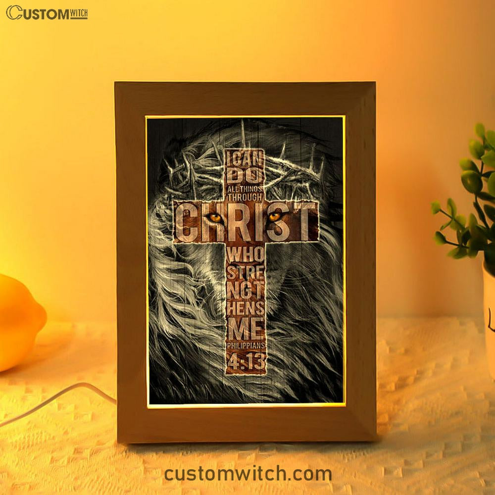 Cross Black Lion - I Can Do All Things Through Christ Frame Lamp Art - Christian Night Light - Bible Verse Wooden Lamp