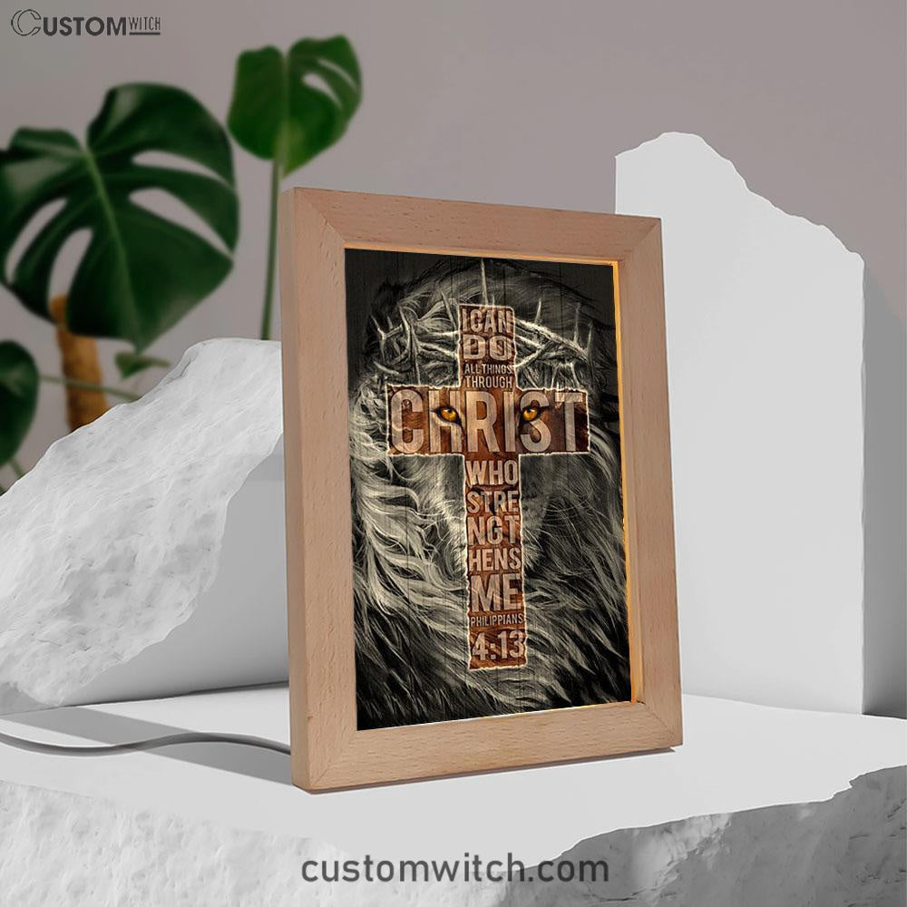 Cross Black Lion - I Can Do All Things Through Christ Frame Lamp Art - Christian Night Light - Bible Verse Wooden Lamp