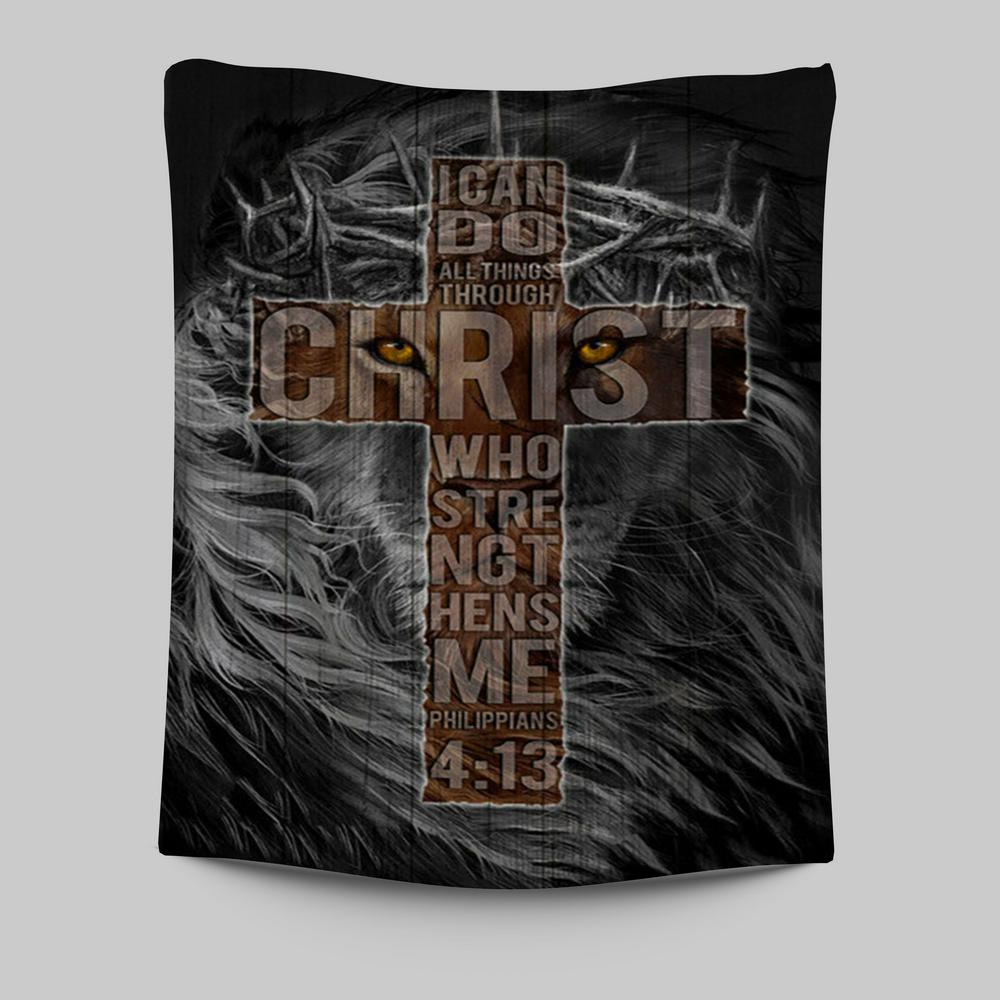 Cross Black Lion - I Can Do All Things Through Christ Tapestry Wall Art - Christian Tapestries Prints - Bible Verse Tapestry Art