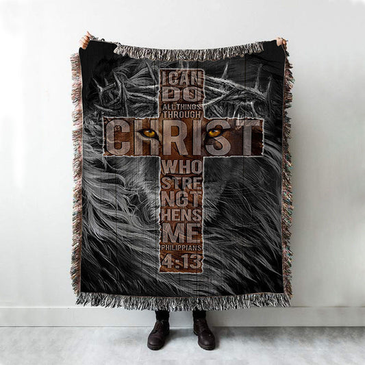 Cross Black Lion - I Can Do All Things Through Christ Woven Throw Blanket - Christian Woven Blanket Prints - Bible Verse Woven Blanket Art