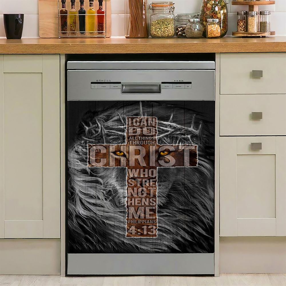 Cross Black Lion, I Can Do All Things Through Christ Dishwasher Cover, Christian Dishwasher Magnet Cover, Bible Verse Kitchen Decor