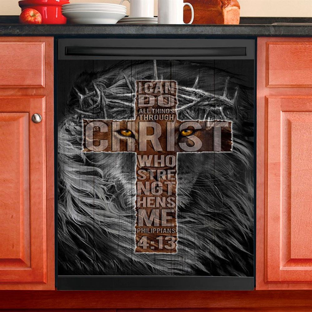 Cross Black Lion, I Can Do All Things Through Christ Dishwasher Cover, Christian Dishwasher Magnet Cover, Bible Verse Kitchen Decor