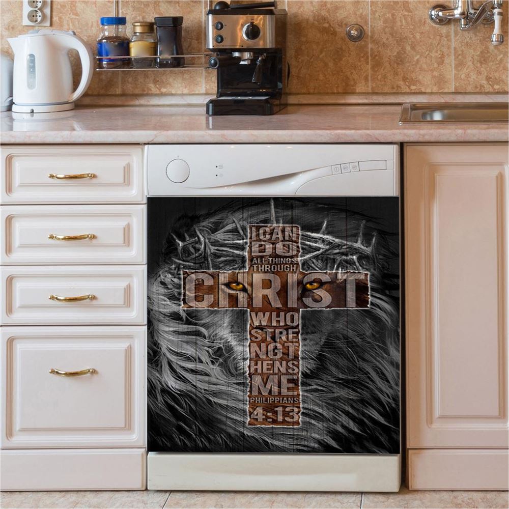 Cross Black Lion, I Can Do All Things Through Christ Dishwasher Cover, Christian Dishwasher Magnet Cover, Bible Verse Kitchen Decor