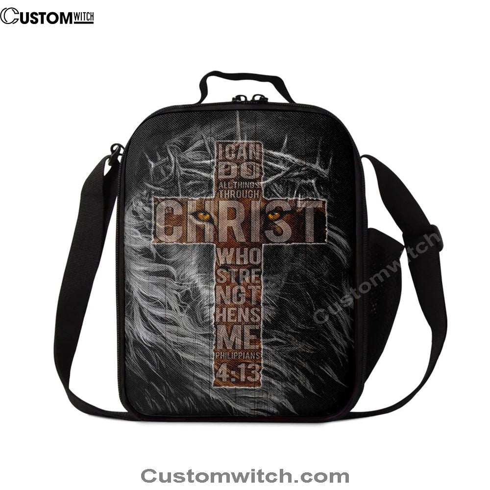 Cross Black Lion I Can Do All Things Through Christ Lunch Bag, Christian Lunch Bag For School, Picnic, Religious Lunch Bag