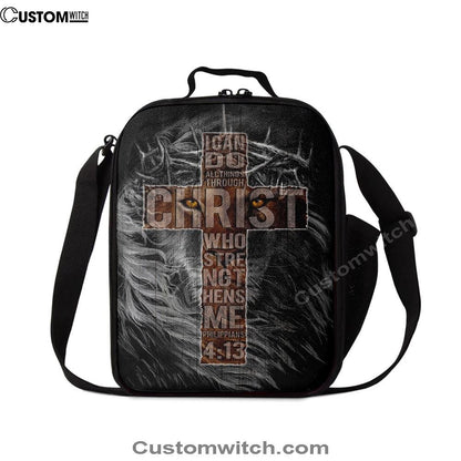 Cross Black Lion I Can Do All Things Through Christ Lunch Bag, Christian Lunch Bag For School, Picnic, Religious Lunch Bag