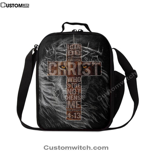 Cross Black Lion I Can Do All Things Through Christ Lunch Bag, Christian Lunch Bag For School, Picnic, Religious Lunch Bag