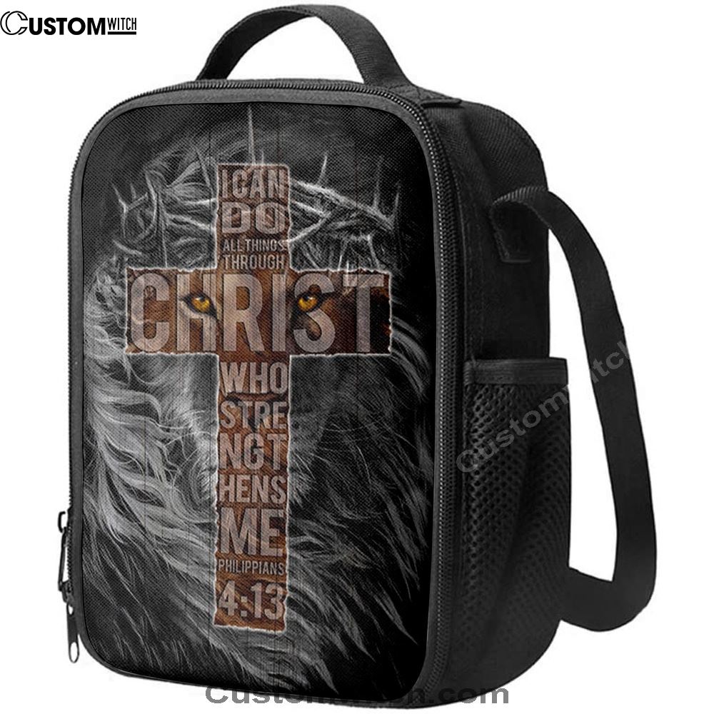 Cross Black Lion I Can Do All Things Through Christ Lunch Bag, Christian Lunch Bag For School, Picnic, Religious Lunch Bag