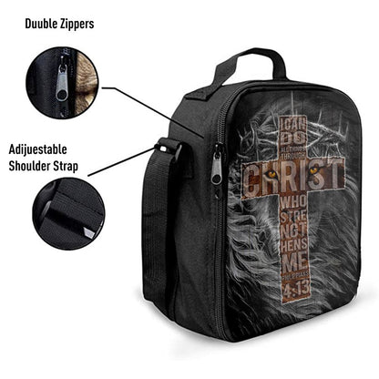 Cross Black Lion I Can Do All Things Through Christ Lunch Bag, Christian Lunch Bag For School, Picnic, Religious Lunch Bag