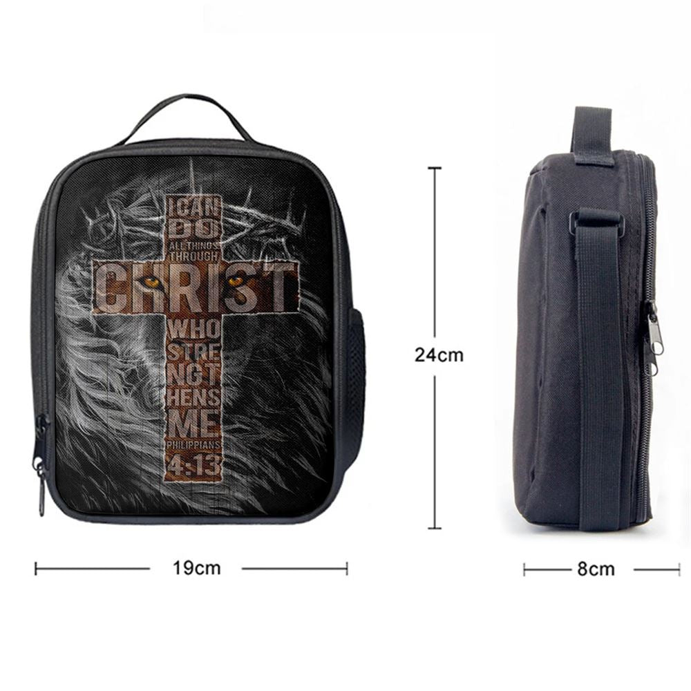 Cross Black Lion I Can Do All Things Through Christ Lunch Bag, Christian Lunch Bag For School, Picnic, Religious Lunch Bag