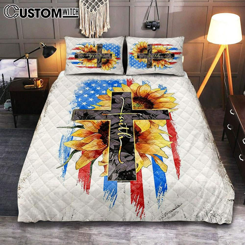 Cross Cover Twin Bedding Decor - American Flag Cover Twin Bedding Decor - Sunflower Decor - Patriotic Decor - Faith Bedroom Quilt Bedding Set