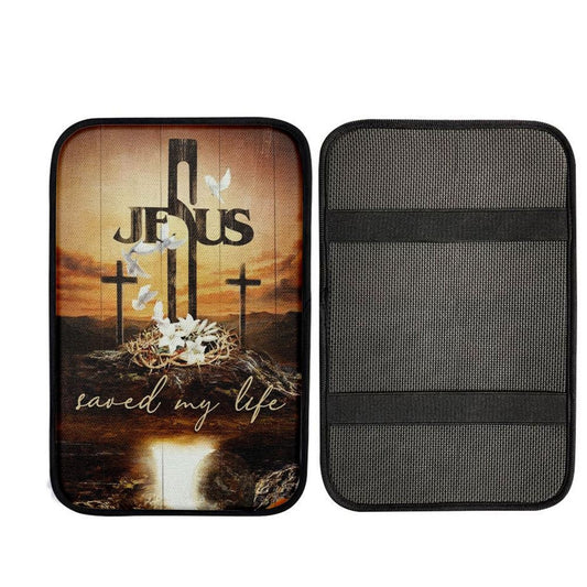 Cross Crown Of Thorns White Lily Dove Jesus Saved My Life Car Center Console Cover, Car Armrest Pad, Christian Gift, Armrest Box Mat