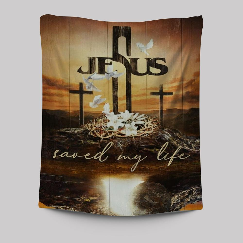 Cross Crown Of Thorns White Lily Dove Jesus Saved My Life Tapestry