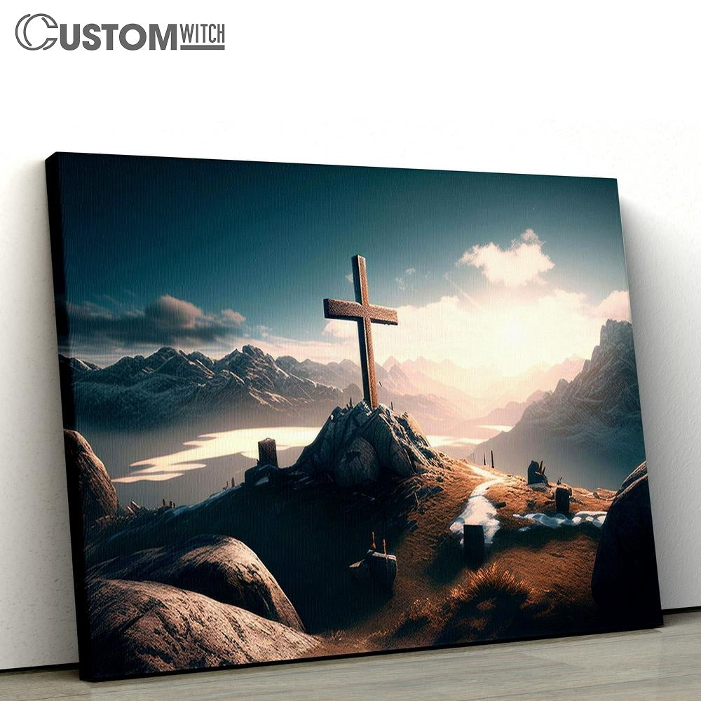 Cross Hill With Mountains Canvas Pictures - Faith Art - Christian Canvas Wall Art Decor