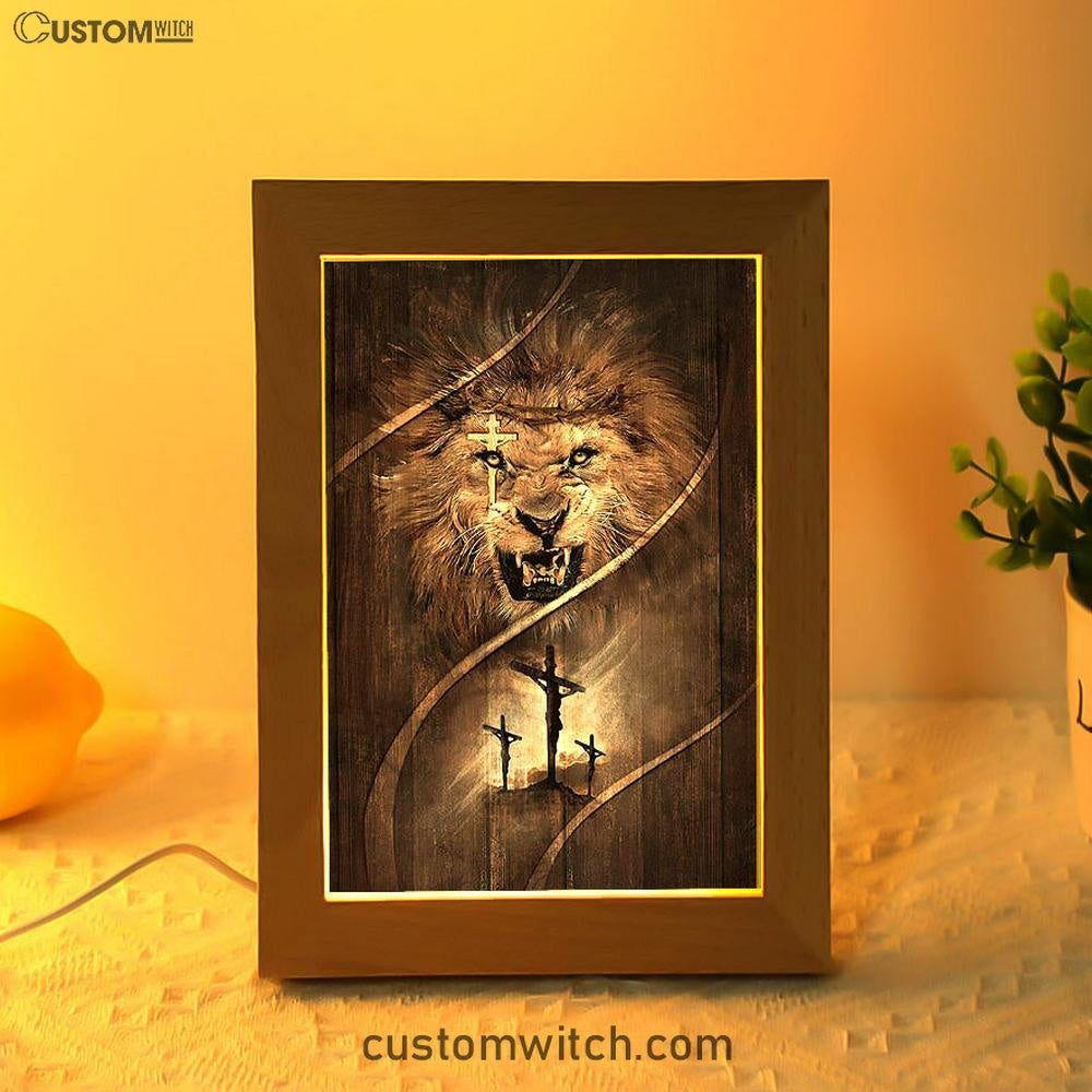 Cross Lion Of Judah Frame Lamp Art - Christian Night Light - Bible Verse Wooden Lamp