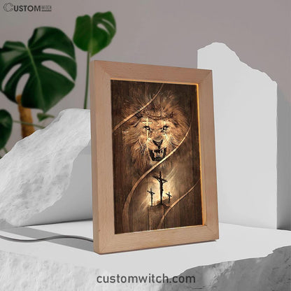Cross Lion Of Judah Frame Lamp Art - Christian Night Light - Bible Verse Wooden Lamp