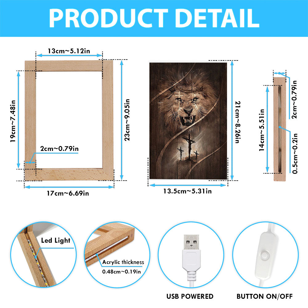 Cross Lion Of Judah Frame Lamp Art - Christian Night Light - Bible Verse Wooden Lamp