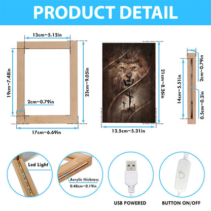 Cross Lion Of Judah Frame Lamp Art - Christian Night Light - Bible Verse Wooden Lamp