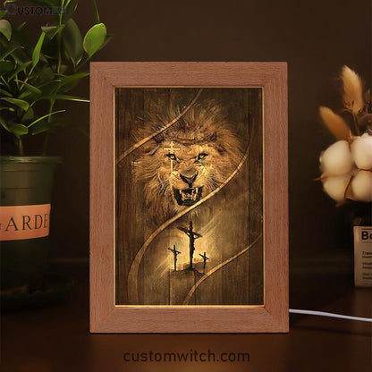 Cross Lion Of Judah Frame Lamp Art - Christian Night Light - Bible Verse Wooden Lamp