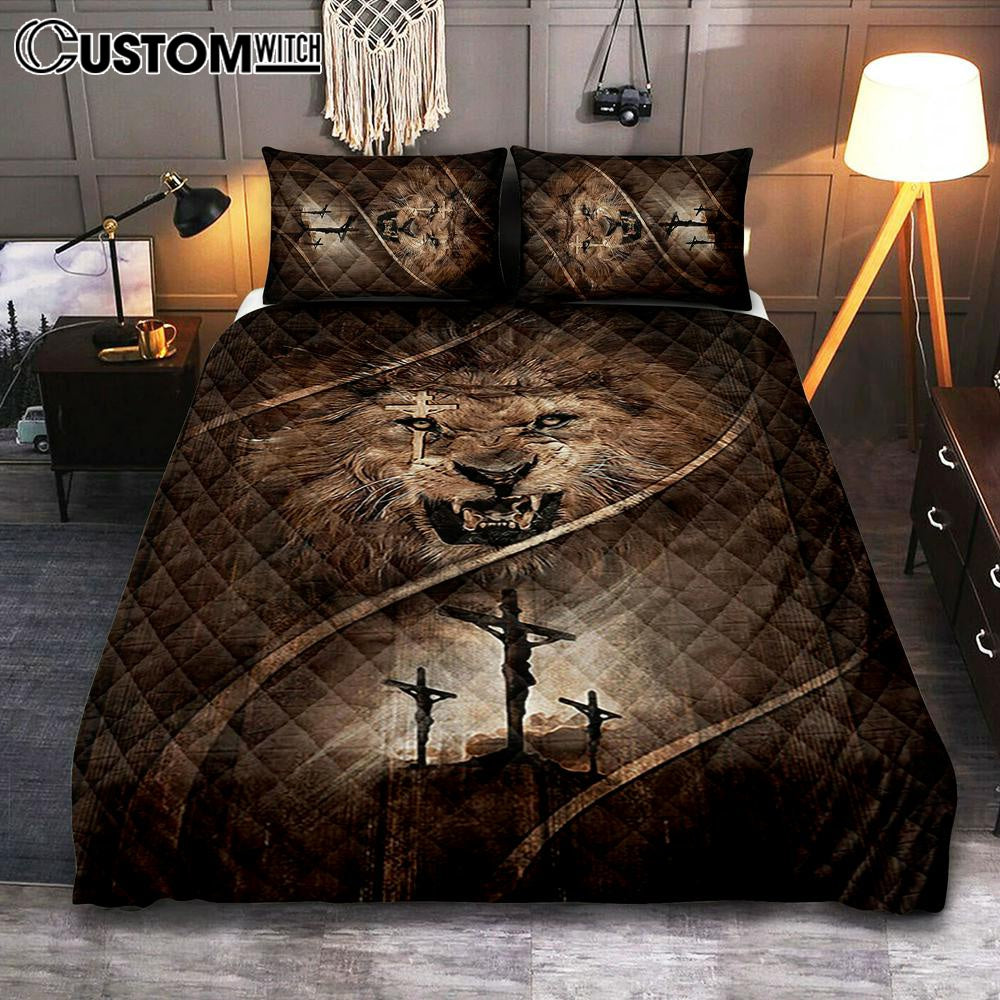 Cross Lion Of Judah Quilt Bedding Set Bedroom - Christian Quilt Bedding Set Prints - Bible Verse Quilt Bedding Set Art