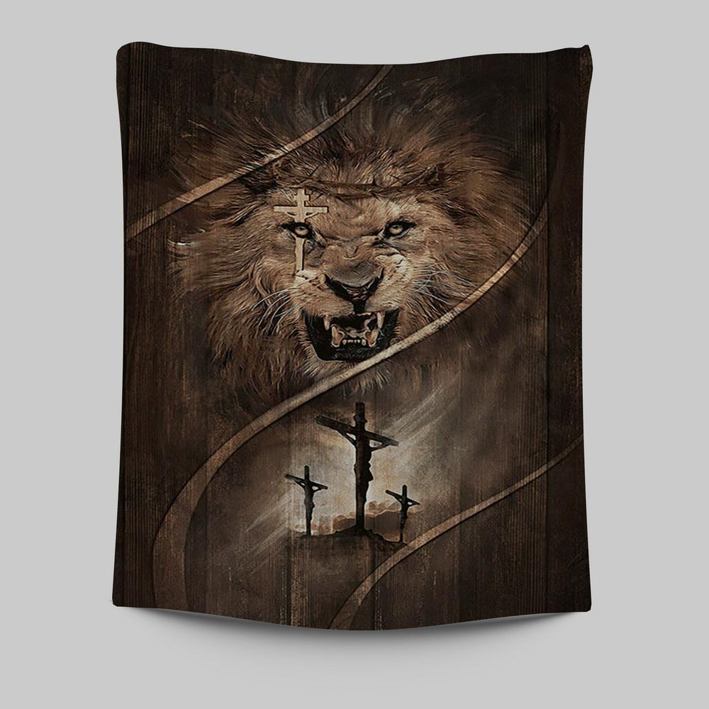 Cross Lion Of Judah Tapestry Wall Art - Christian Tapestries Prints - Bible Verse Tapestry Art