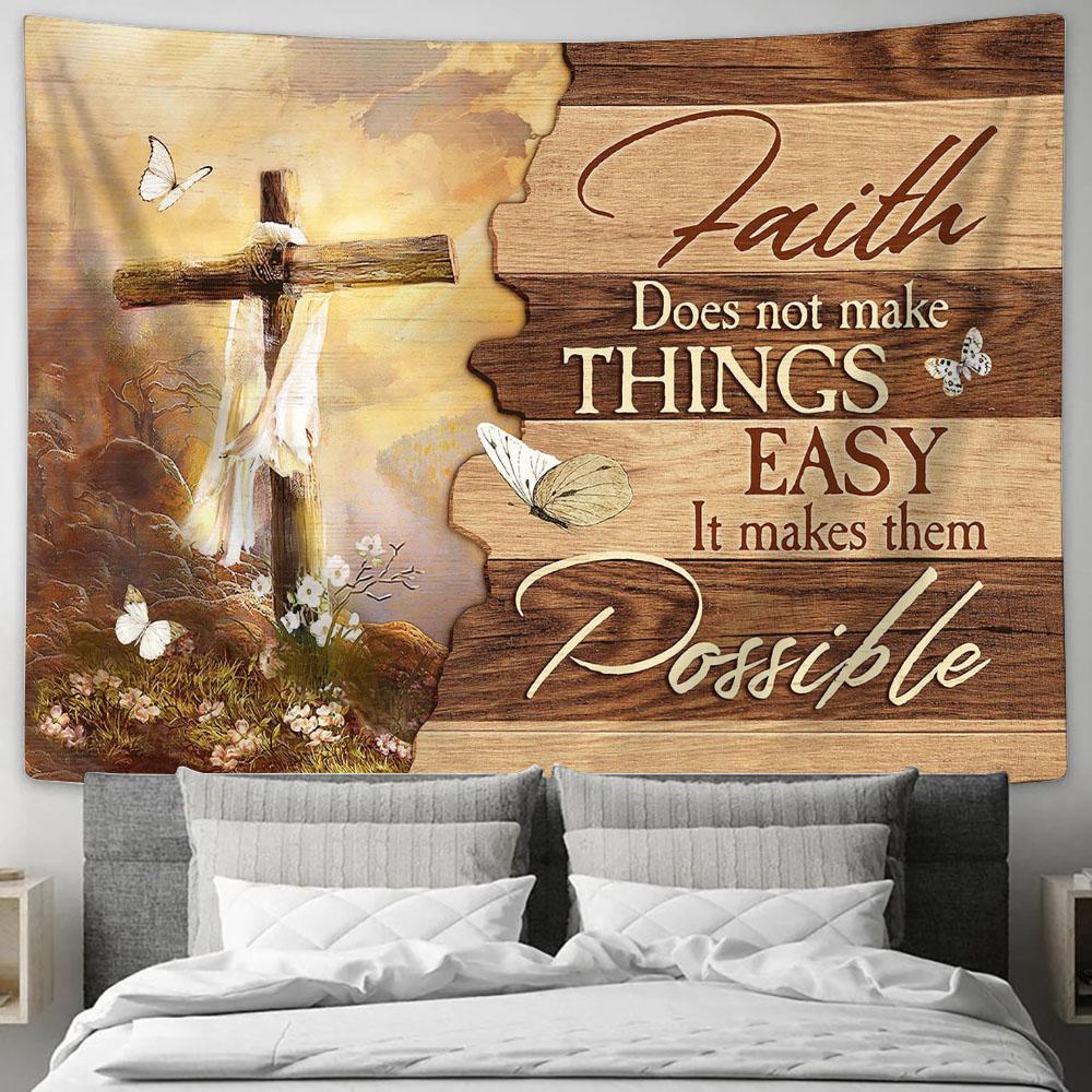 Cross Mountain Faith Does Not Make Things Easy Tapestry Wall Art - Bible Verse Tapestry - Religious Tapestry Wall Hanging