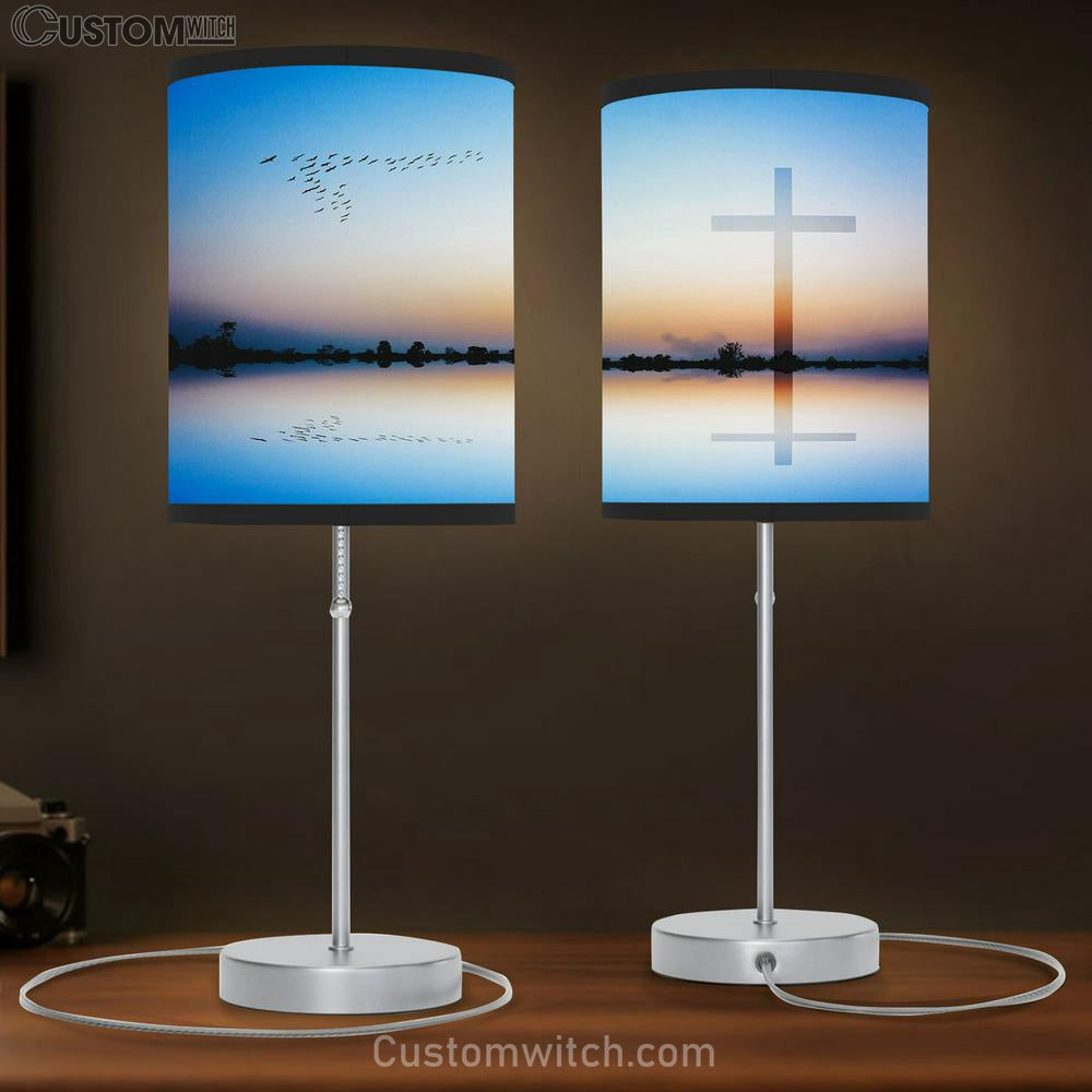 Cross Mountain Lake View Sunset Table Lamb Pictures - Faith Art - Christian Table Lamb Gift Decor